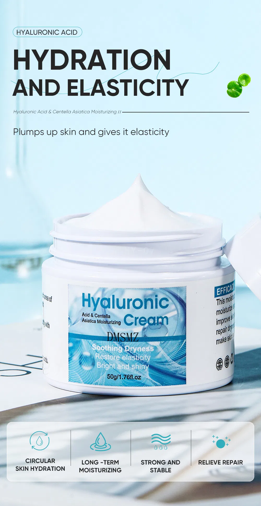 Acalma a pele irritada, repara a barreira, proporciona hidratação duradoura, ácido hialurônico, centella asiática, creme facial hidratante