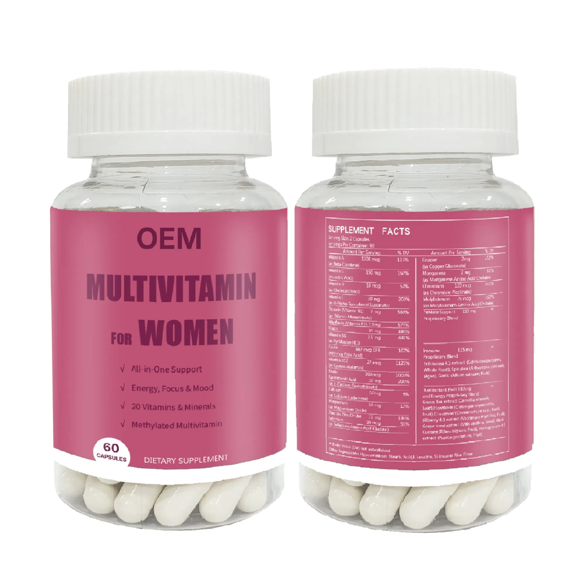 Cápsulas de Multivitamínico OEM Suporte ao Sistema Imunológico Sustenta Energia com Vitamina B12,, D, C, Zinco, Magnésio