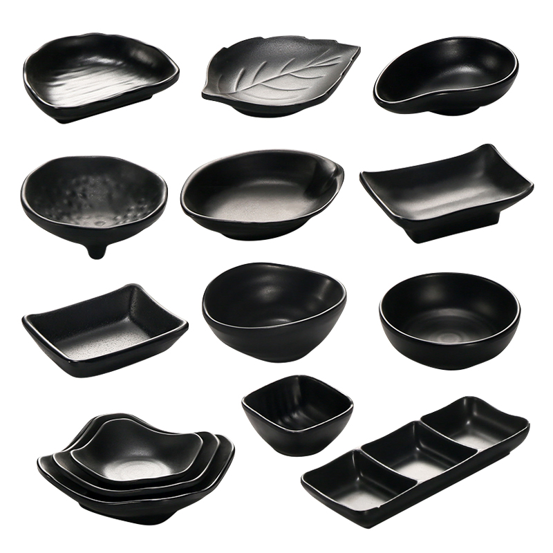 Custom Japanese Korean Unbreakable Tableware Solid Black Matte Melamine Bowls Serving Plate