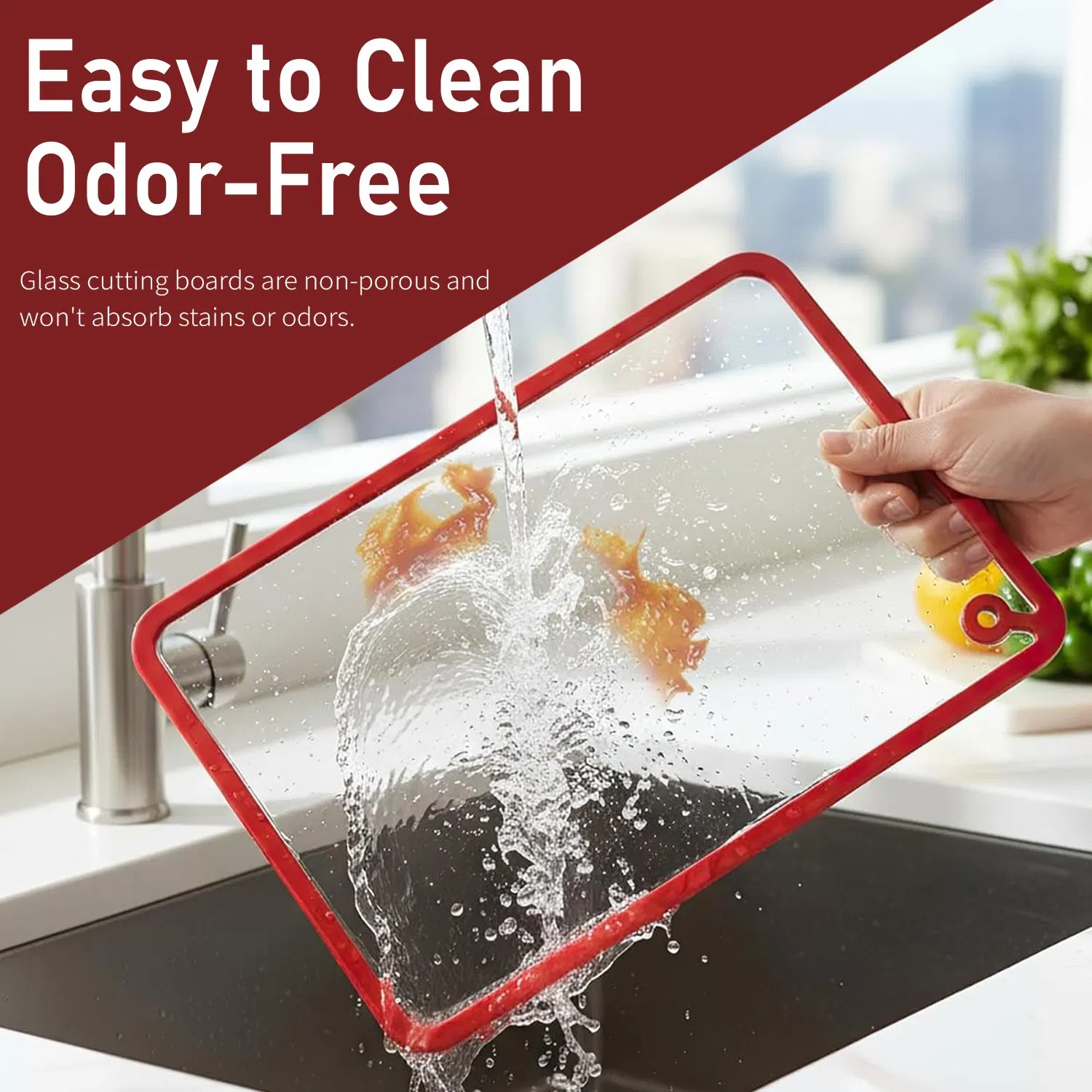 Tempered Glass Cutting Board with Non-Slip Silicone Edge, Antibacterial Easy Clean Kitchen Chopping Board for Fruits Vegetables