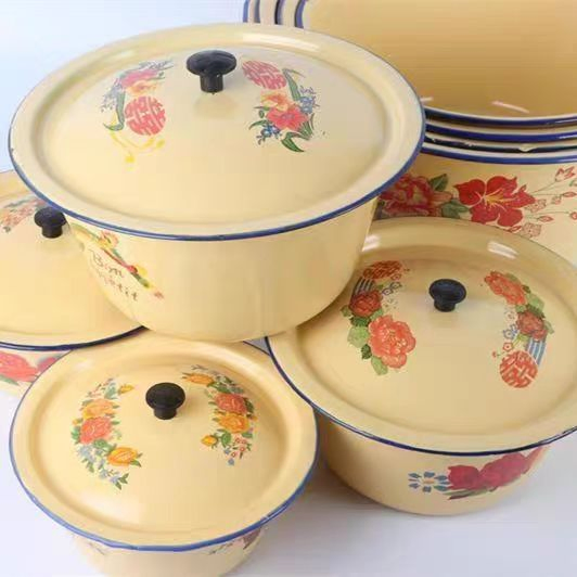Wholesale 2024 New Kitchenware Enamel Basins with Pattern Porcelain Enamel Enamelware Wash Salad Cake Noodles Soup Bowl