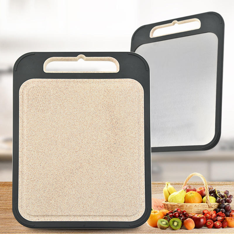 Double Sided Using Customized Non-Slip 304 Stainless Steel Wheat Straw Kitchen Chopping Cutting Board with Garlic Grinder