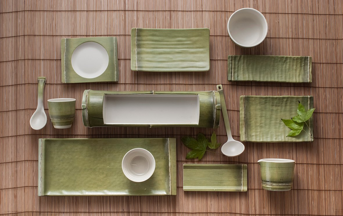 Melamine Green Bamboo Design Japanese Soba Noodles Sushi Serving Plate Sets