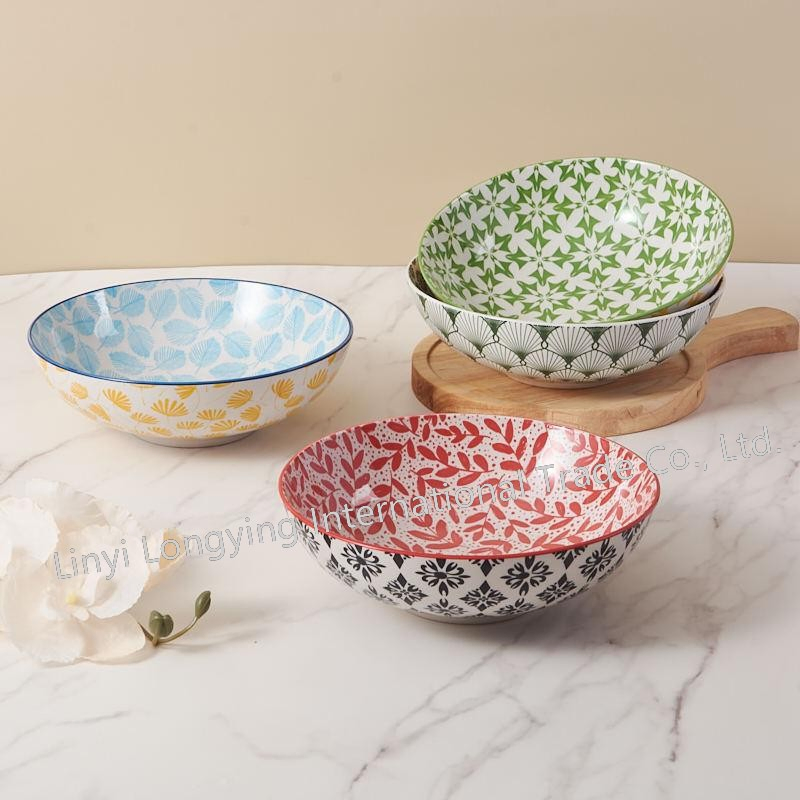 Eco-Friendly Healthy 8"Soup Bowl Two Side Pad Printing Decal Porcelain Ceramic Tableware