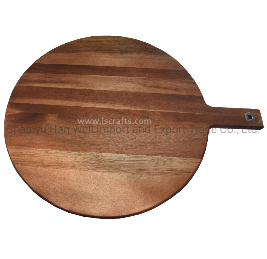 Acacia Large Round Pizza Wooden Cutting Board Block with Handle