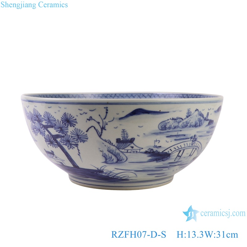 Jingdezhen Handpainted Chinese Landscape Pattern Ceramic Planter Flower Pots Blue and White Porcelain Bowl