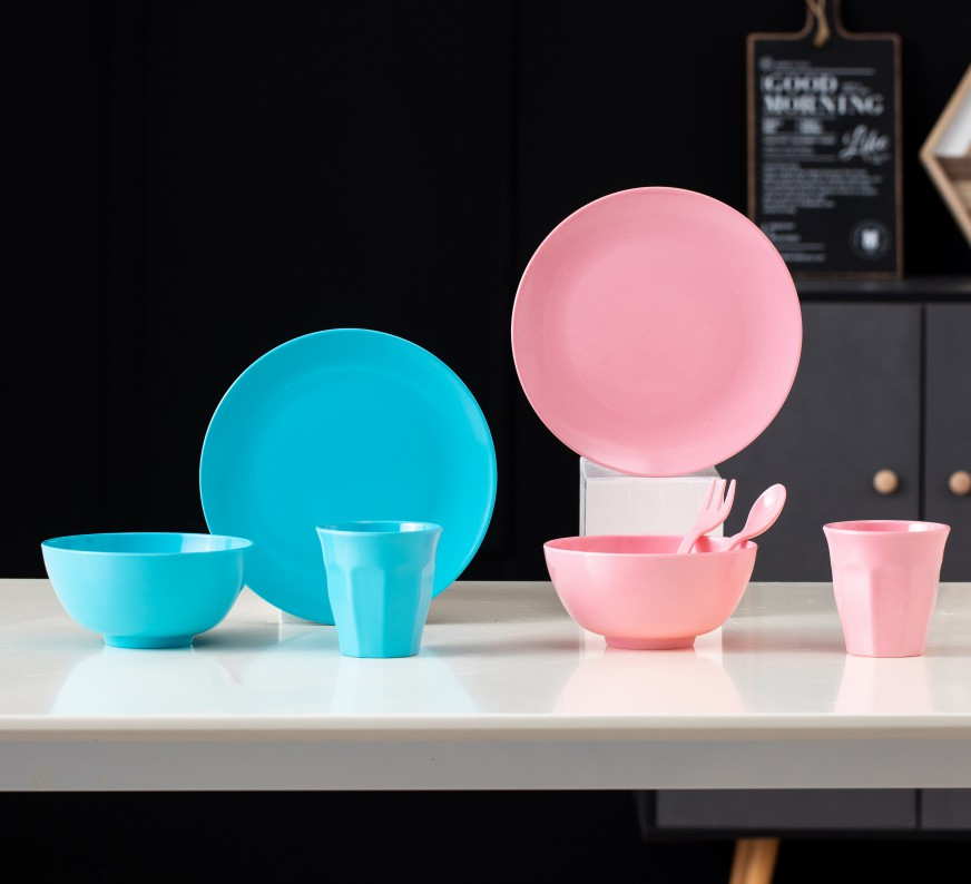 Melamine Plates Set Big Size Salad Plates, Colorful Tablewares, Gray Plate with Crackle