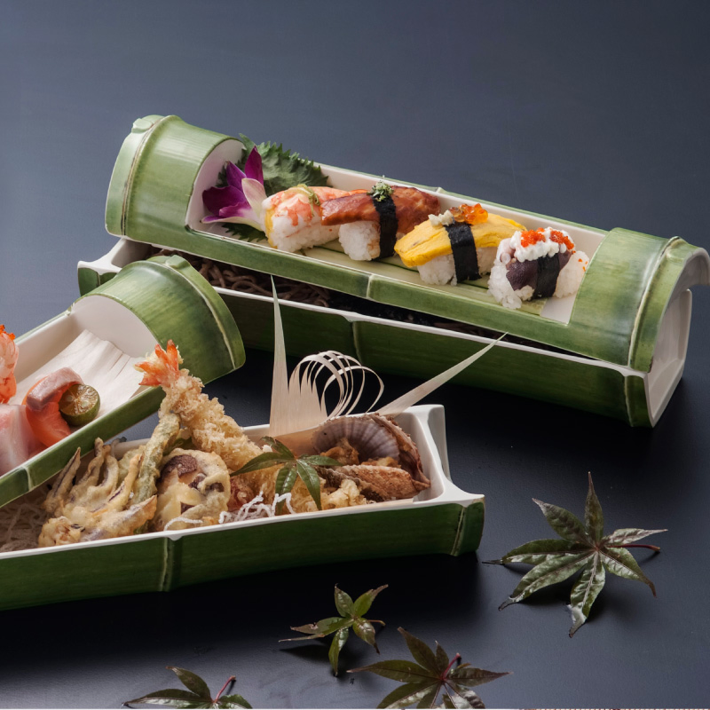 Melamine Green Bamboo Design Japanese Soba Noodles Sushi Serving Plate Sets