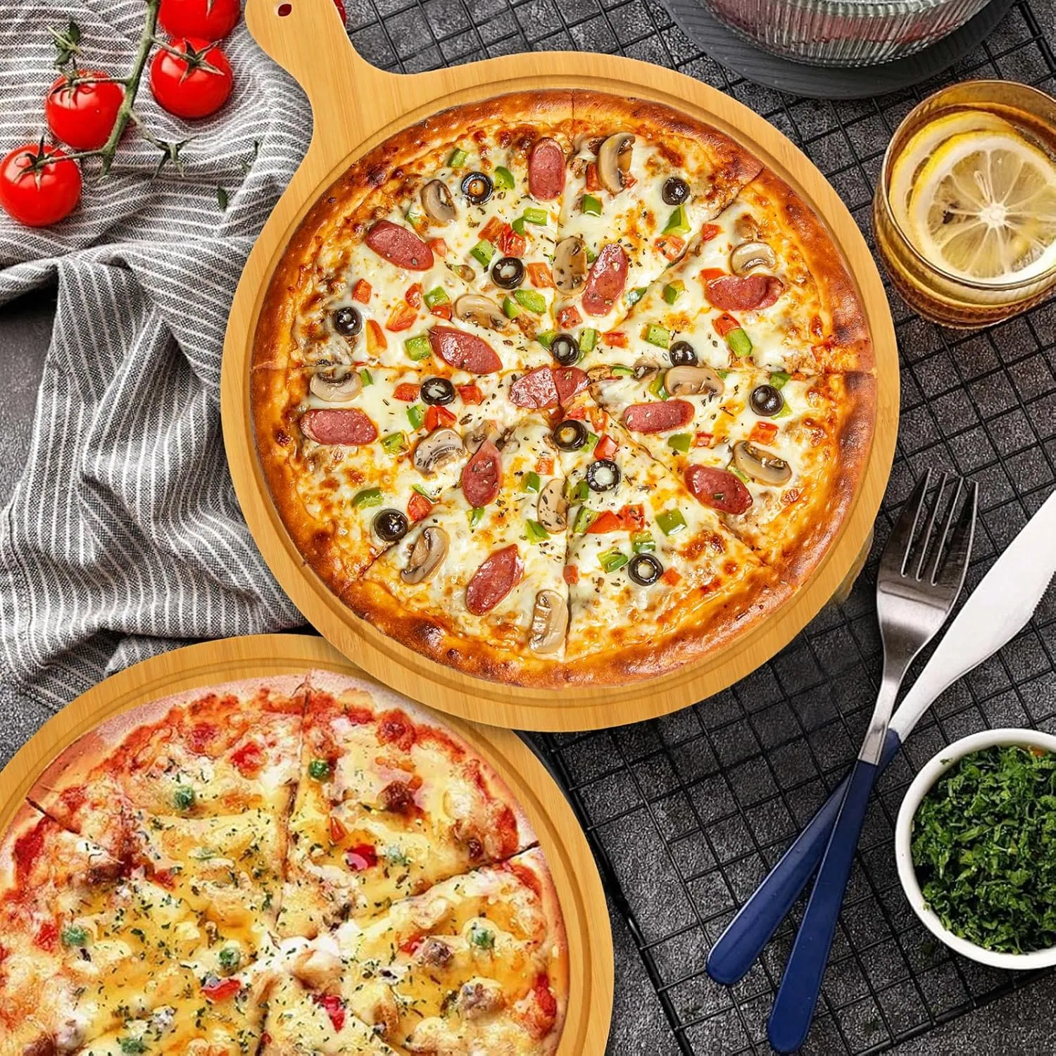 5 PCS Round Wooden Cutting Board Bamboo Serving Board with Handle for Pizza Bread Cheese Charcuterie Fruit Vegetables