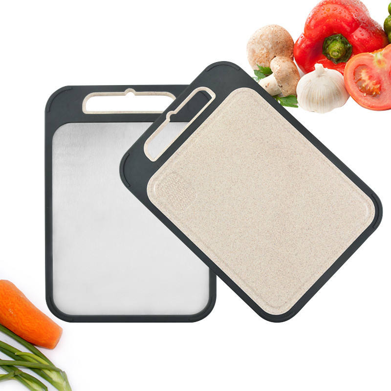Double Sided Using Customized Non-Slip 304 Stainless Steel Wheat Straw Kitchen Chopping Cutting Board with Garlic Grinder