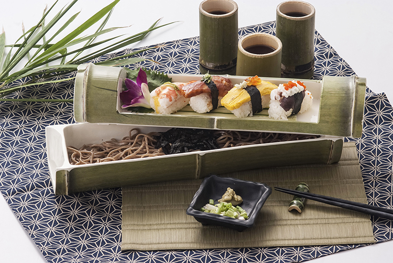 Melamine Green Bamboo Design Japanese Soba Noodles Sushi Serving Plate Sets