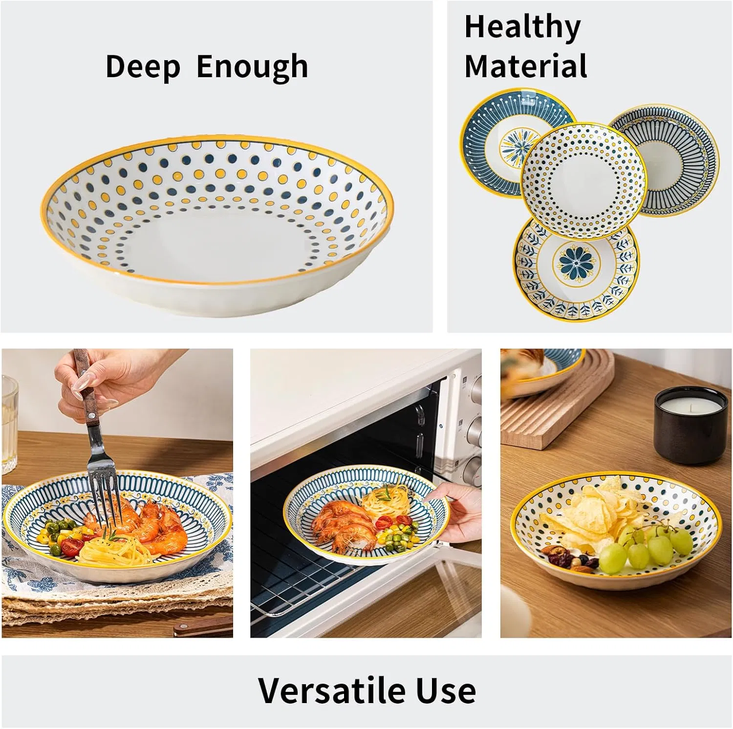 8 Inch Porcelain Shallow Bowls for Pasta, Salad, Oatmeal, Fruit, Chicken,