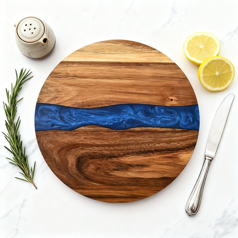 Handmade Acacia Wood and Blue Epoxy Resin Cutting Board Cheese Platter with Handle