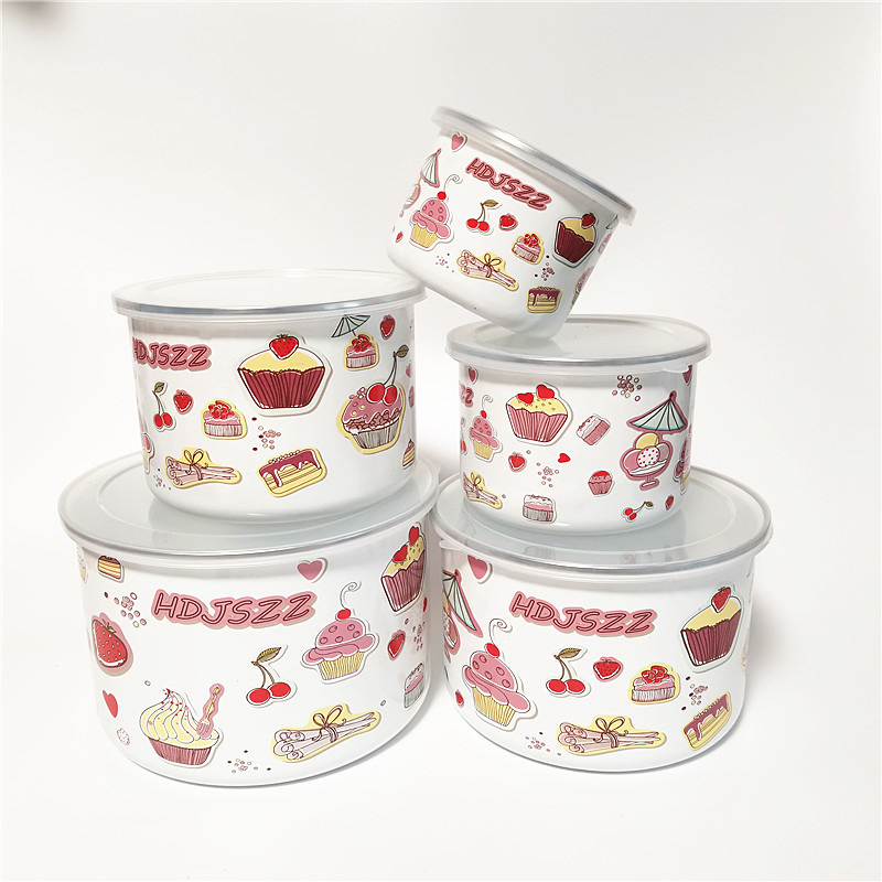 Wholesale Porcelain Enamel Bowl Multipurpose Tableware Enamel Mixing Bowl Food Stortage Bowl with PP Lid