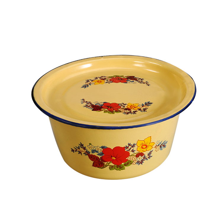 Wholesale 2024 New Kitchenware Enamel Basins with Pattern Porcelain Enamel Enamelware Wash Salad Cake Noodles Soup Bowl