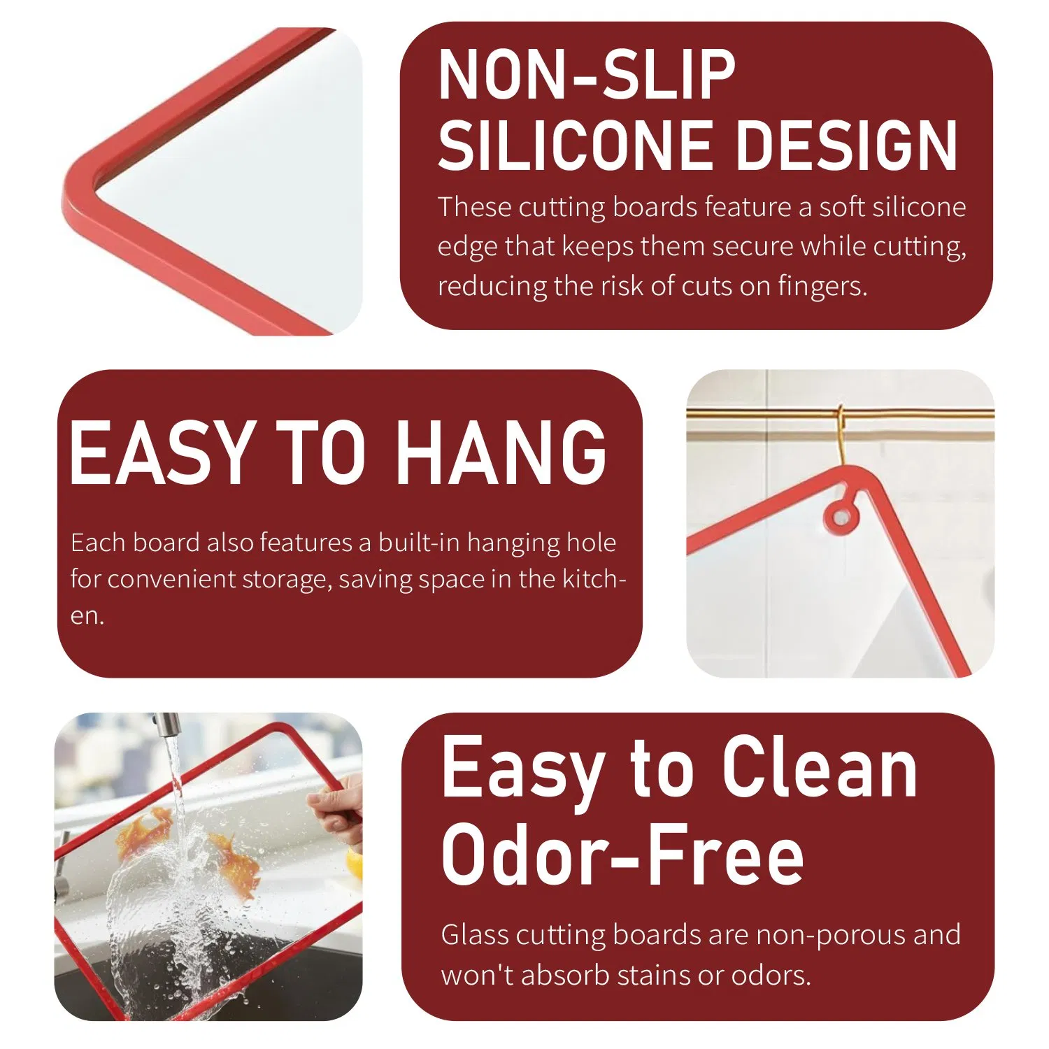 Tempered Glass Cutting Board with Non-Slip Silicone Edge, Antibacterial Easy Clean Kitchen Chopping Board for Fruits Vegetables