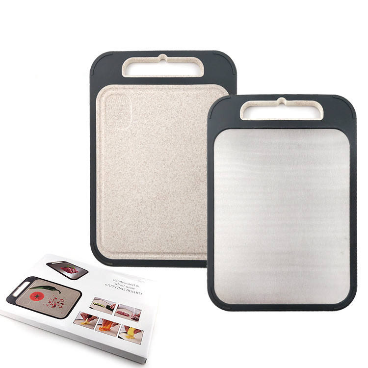 Double Sided Using Customized Non-Slip 304 Stainless Steel Wheat Straw Kitchen Chopping Cutting Board with Garlic Grinder