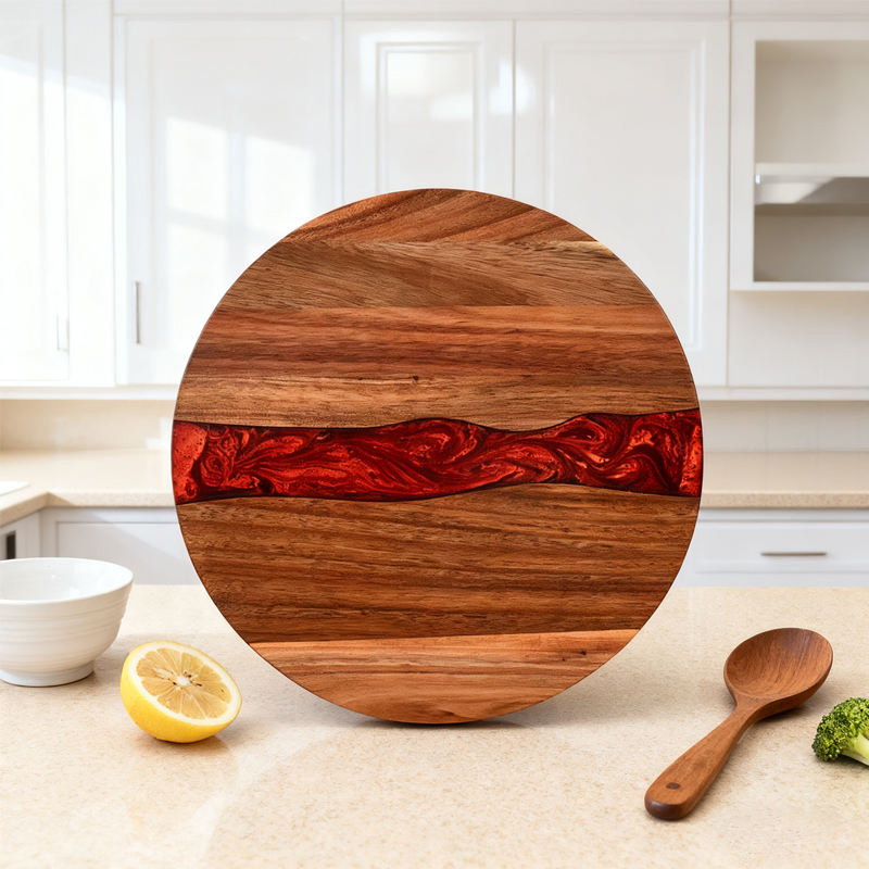 Handmade Acacia Wood and Blue Epoxy Resin Cutting Board Cheese Platter with Handle