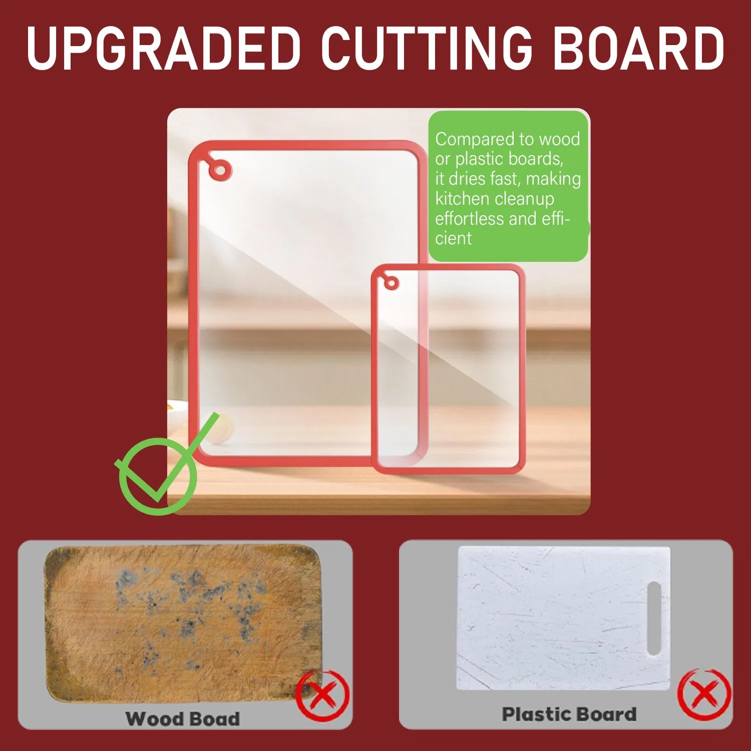 Tempered Glass Cutting Board with Non-Slip Silicone Edge, Antibacterial Easy Clean Kitchen Chopping Board for Fruits Vegetables