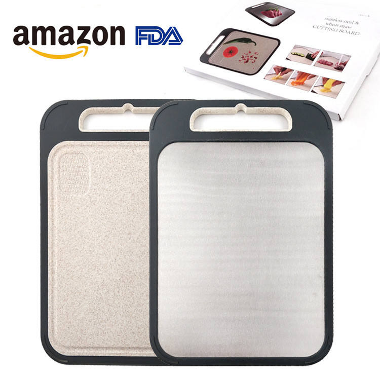 Double Sided Using Customized Non-Slip 304 Stainless Steel Wheat Straw Kitchen Chopping Cutting Board with Garlic Grinder