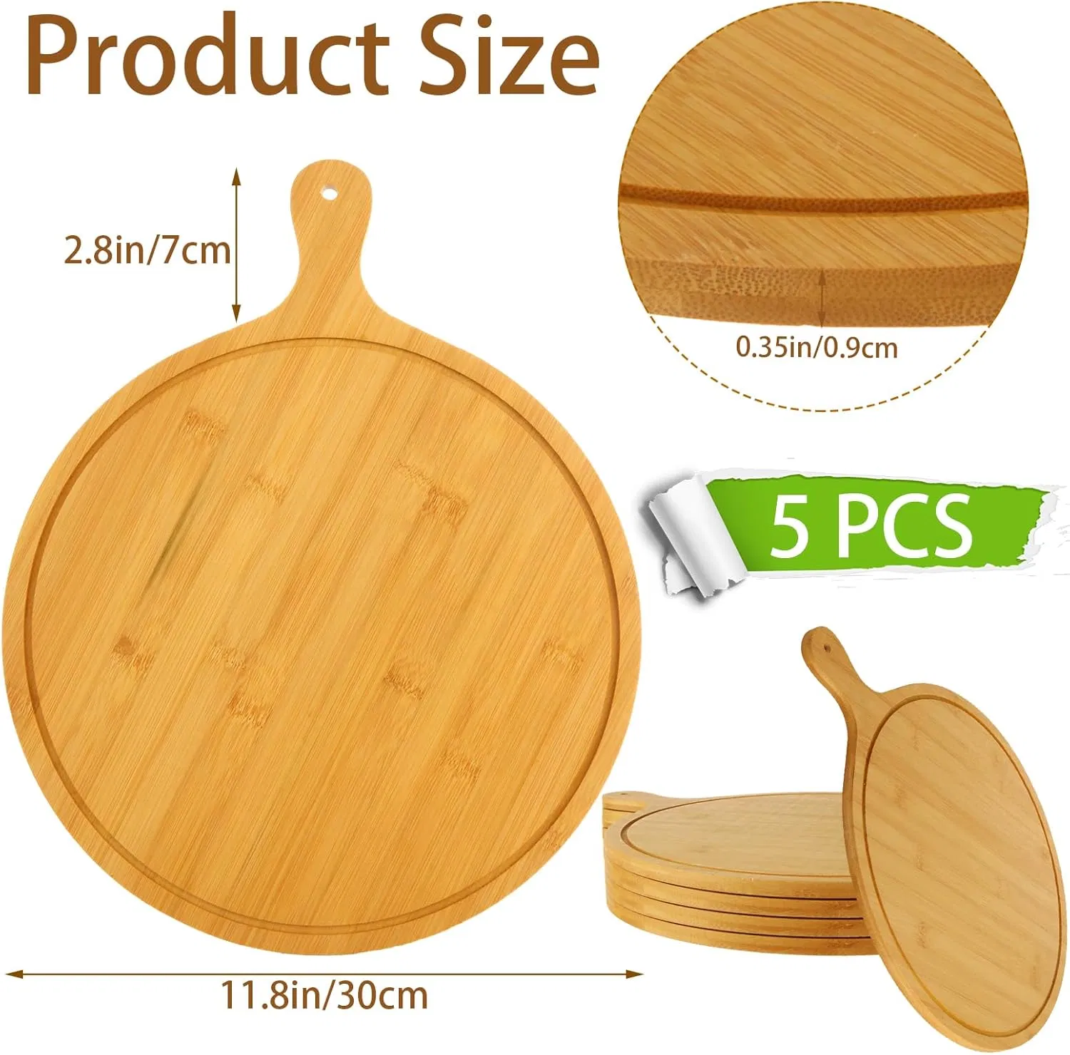 5 PCS Round Wooden Cutting Board Bamboo Serving Board with Handle for Pizza Bread Cheese Charcuterie Fruit Vegetables