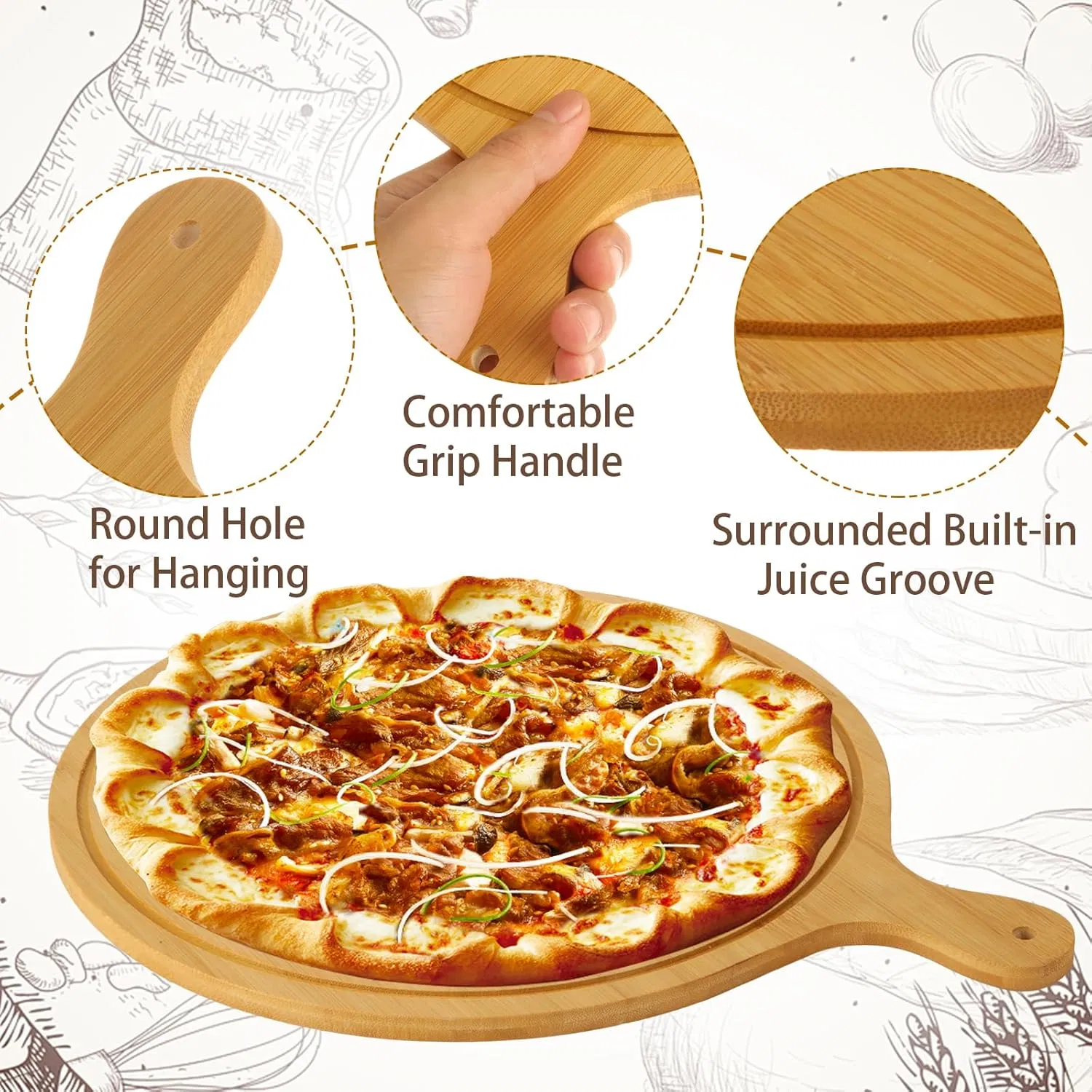 5 PCS Round Wooden Cutting Board Bamboo Serving Board with Handle for Pizza Bread Cheese Charcuterie Fruit Vegetables