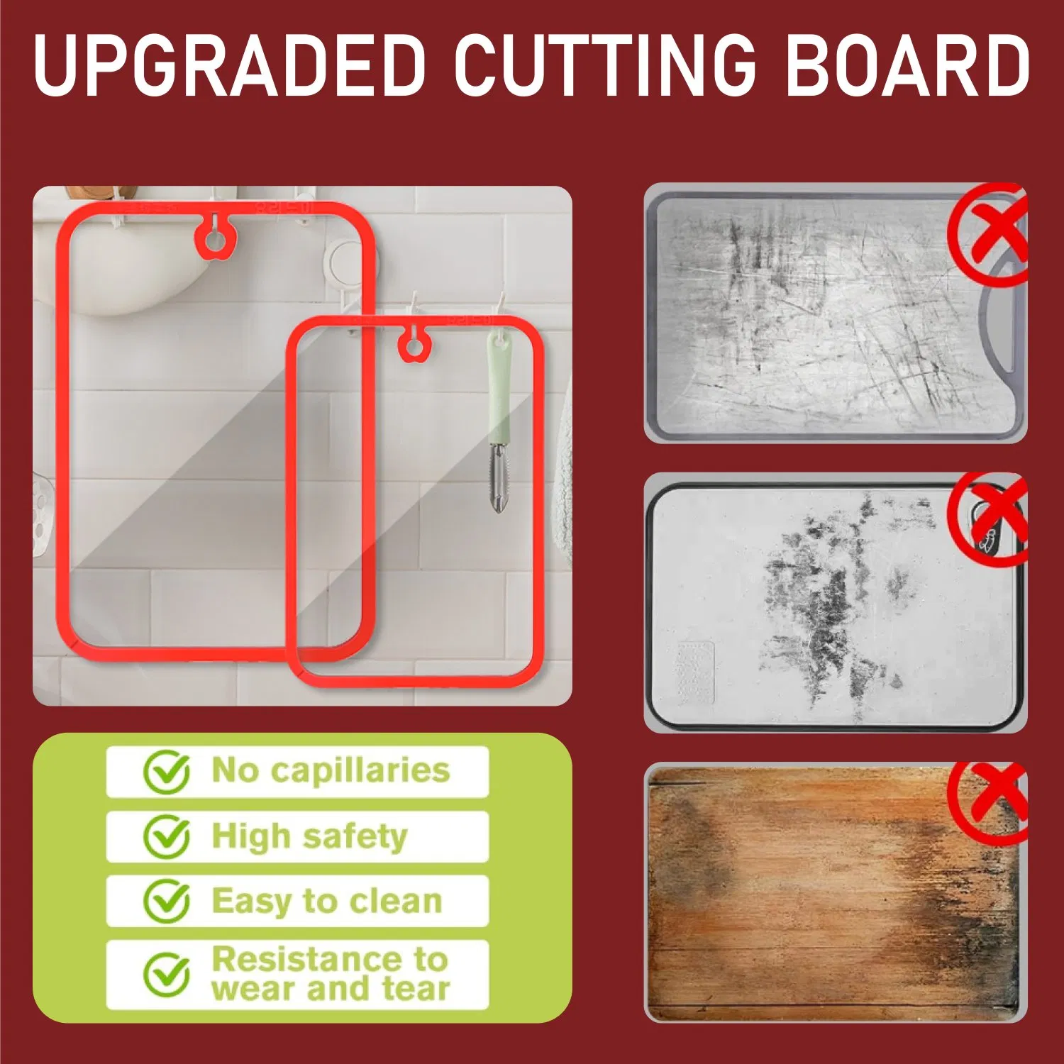 Tempered Glass Cutting Board with Non-Slip Silicone Edge, Antibacterial Easy Clean Kitchen Chopping Board