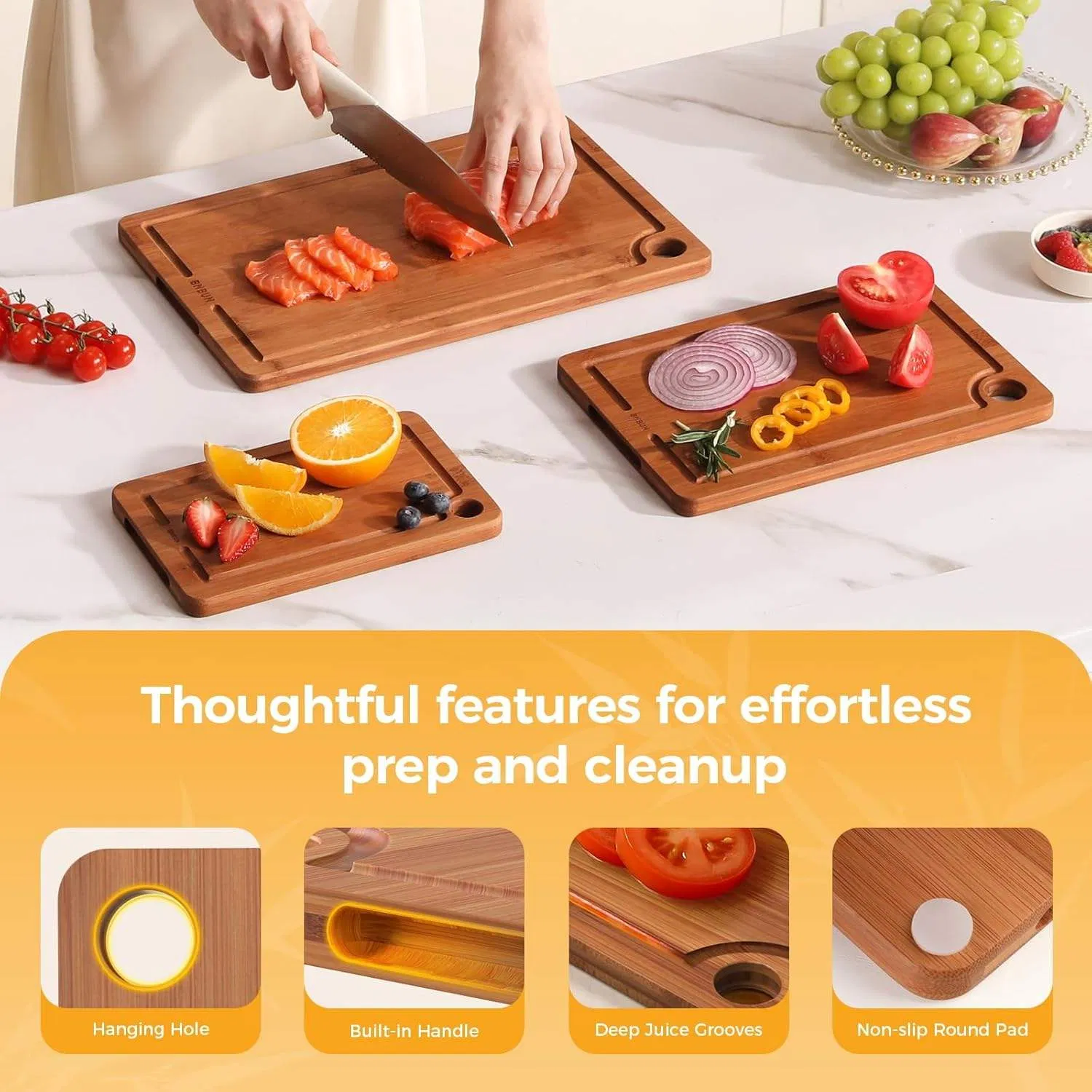 Ghp Custom Bamboo Cutting Board Set of 3 Durable Non-Slip Carbonized Wood Charcuterie Chopping Block with Juice Groove for Gifts