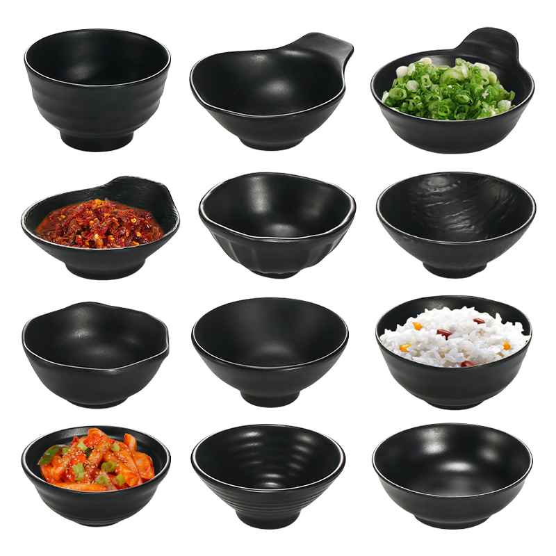 Custom Japanese Korean Unbreakable Tableware Solid Black Matte Melamine Bowls Serving Plate