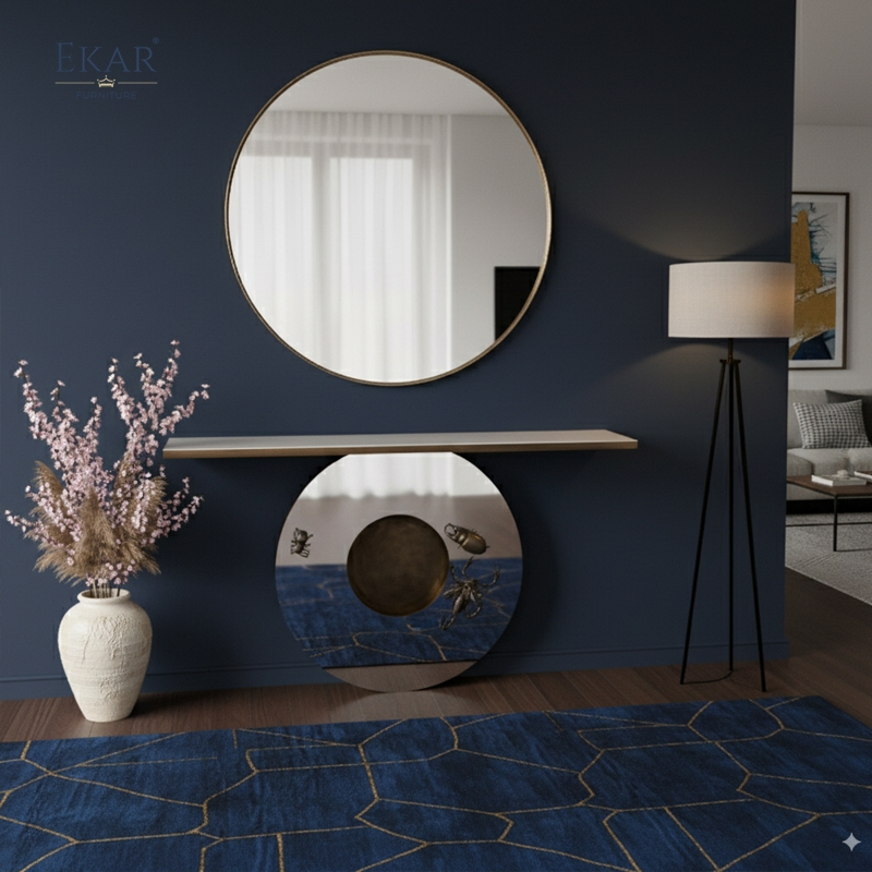 Modern - Style Living Room Console Table: Stainless Steel Construction with Circular Base &amp; Unique Insect Accents, Sleek Entryway Piece