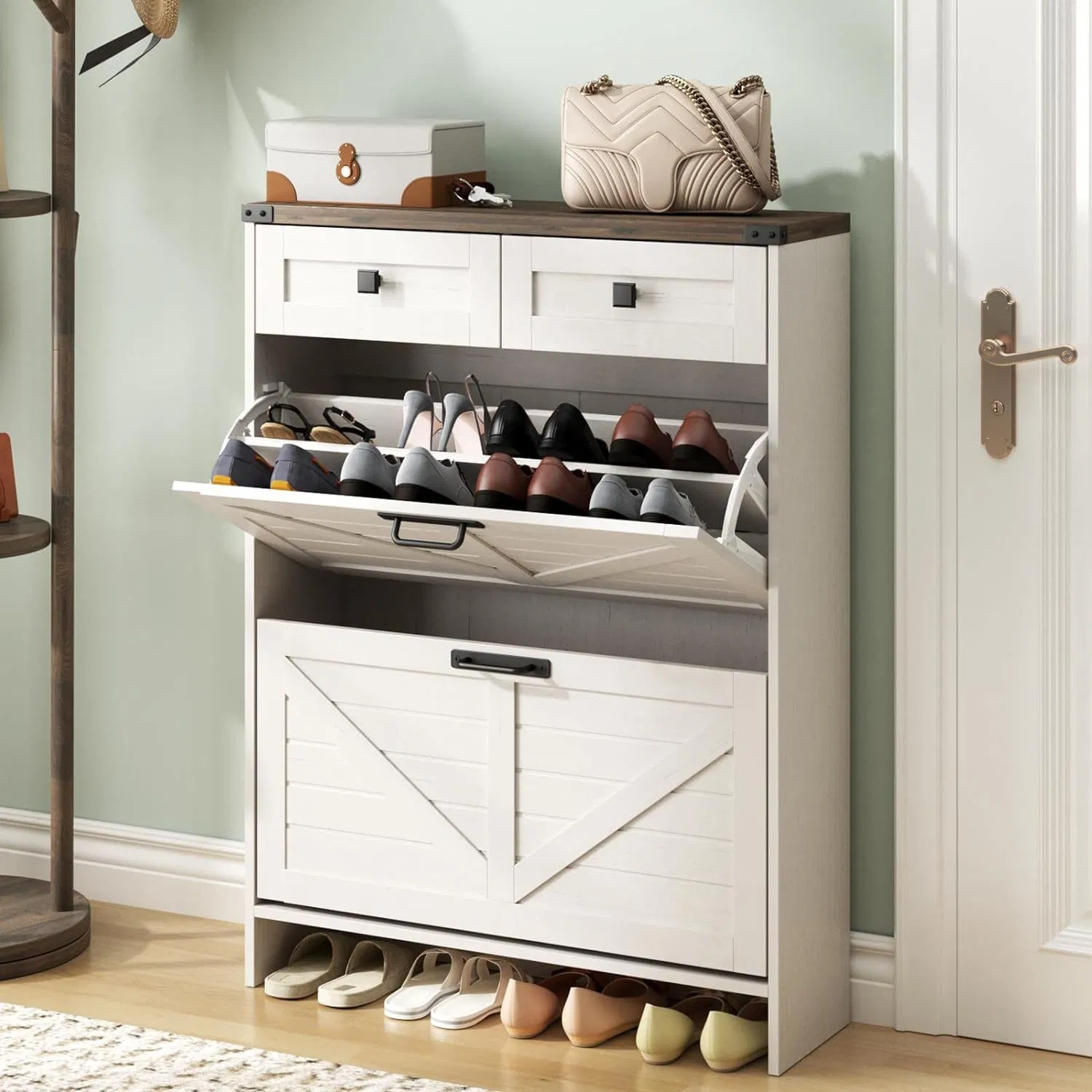 Multi-Layer Shoe Cabinet with Hidden Compartments &amp; Top Drawers, Farmhouse Style Shoe Storage Unit for Entry Hall