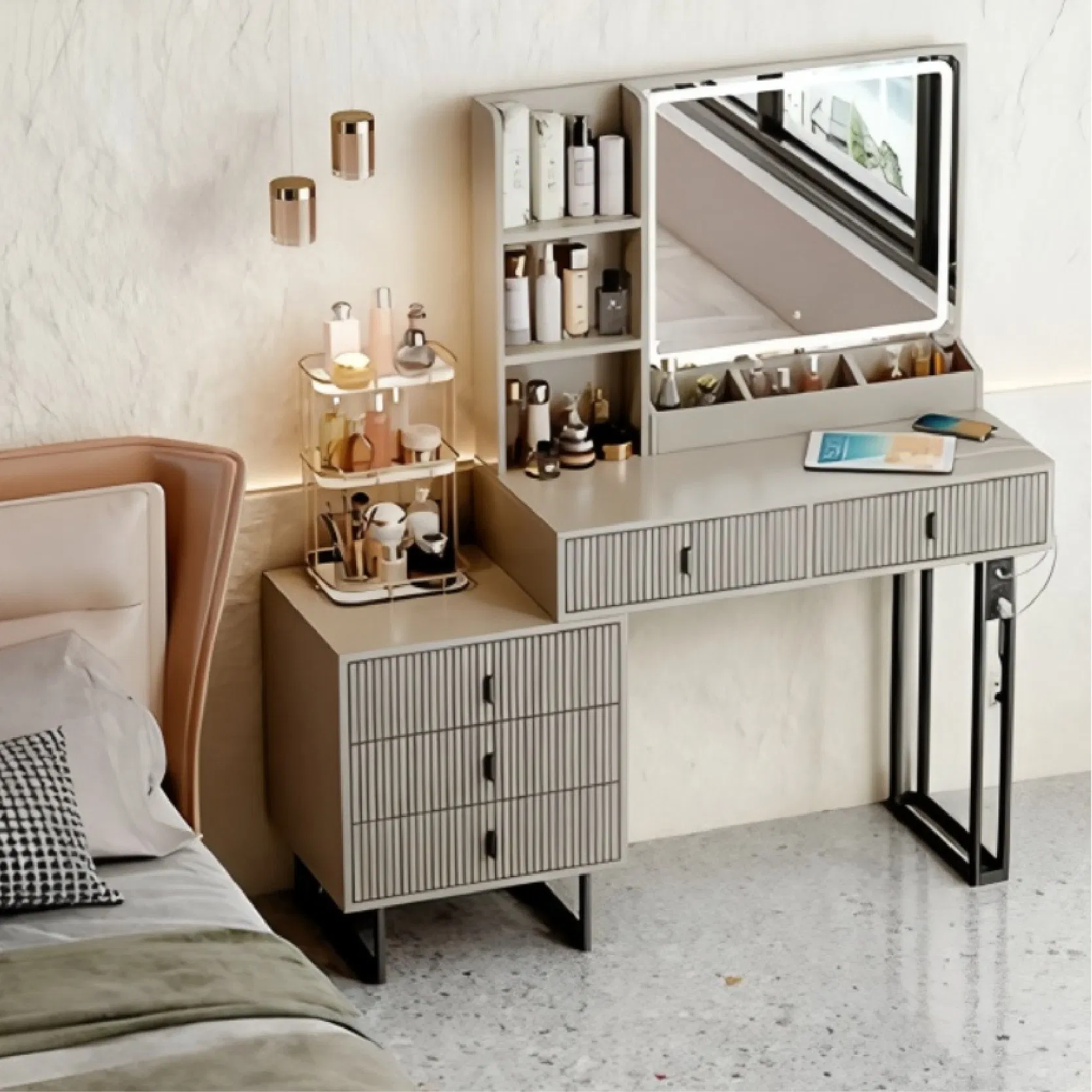 Luxury Bedroom Vanity Table &amp; Makeup Table with Makeup Mirror Dressing Table Dresser Large Mirror LED Light with Adjustable Brightness