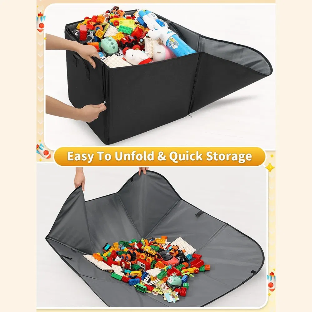 2-in-1 Foldable Toy Storage Play Mat with PP Board &amp; Zipper - Large Collapsible Organizer for Toy