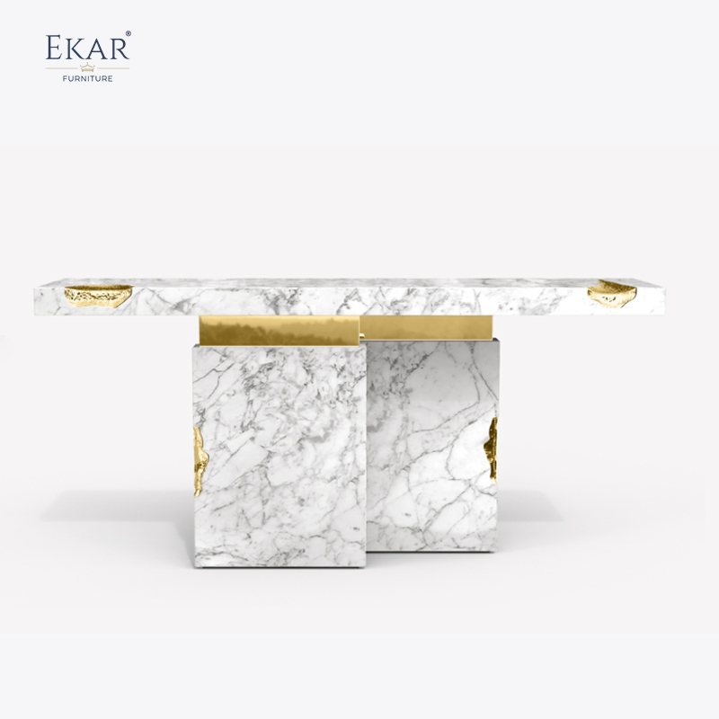 Modern - Style Living Room Console Table: Marble Top with Gold Accents, Dual - Block Base, Elegant &amp; Luxurious Entryway Decor