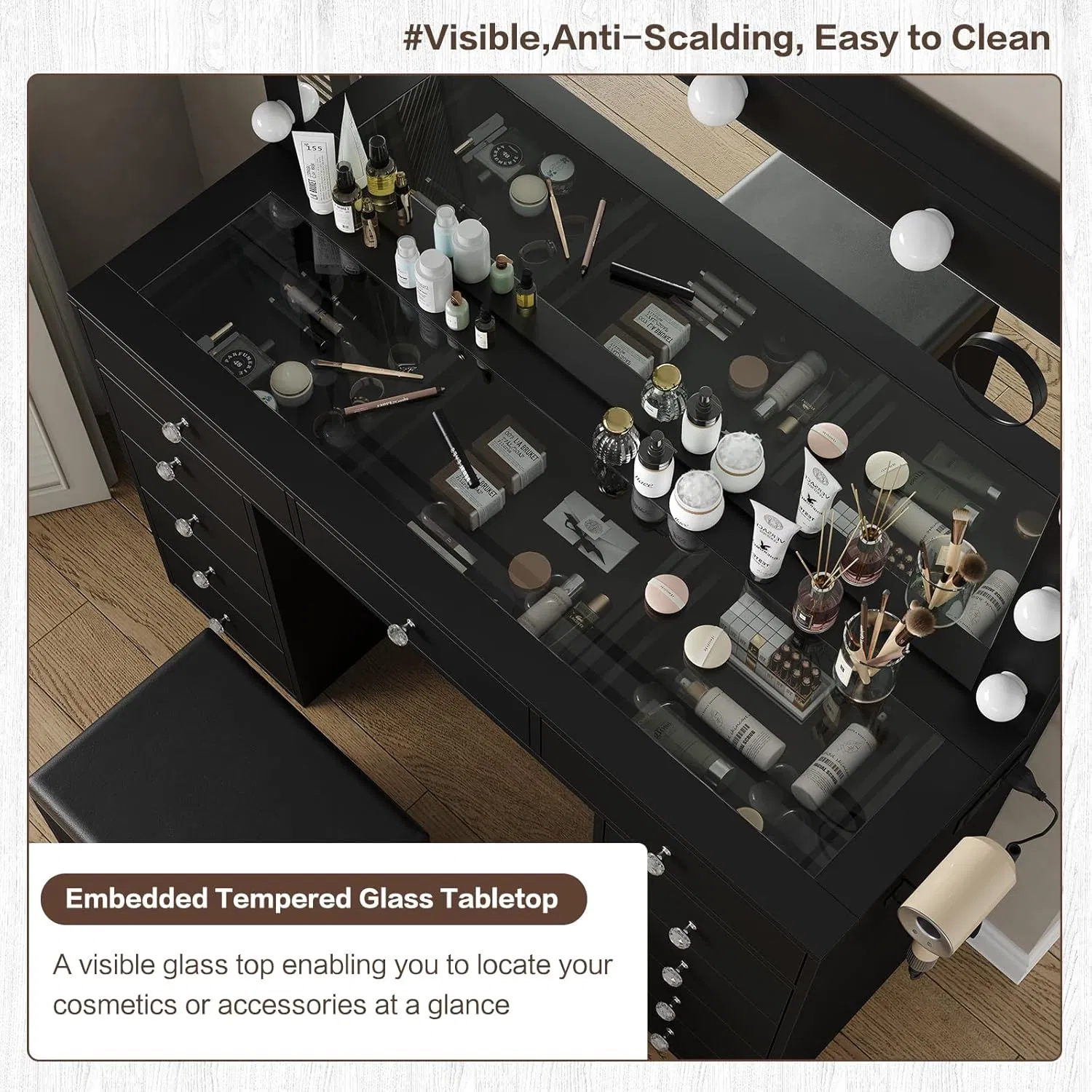 Modern Black Dressing Table with Bulb Lighted Mirror and Storage Drawers for Bedroom Organization and Makeup Routine
