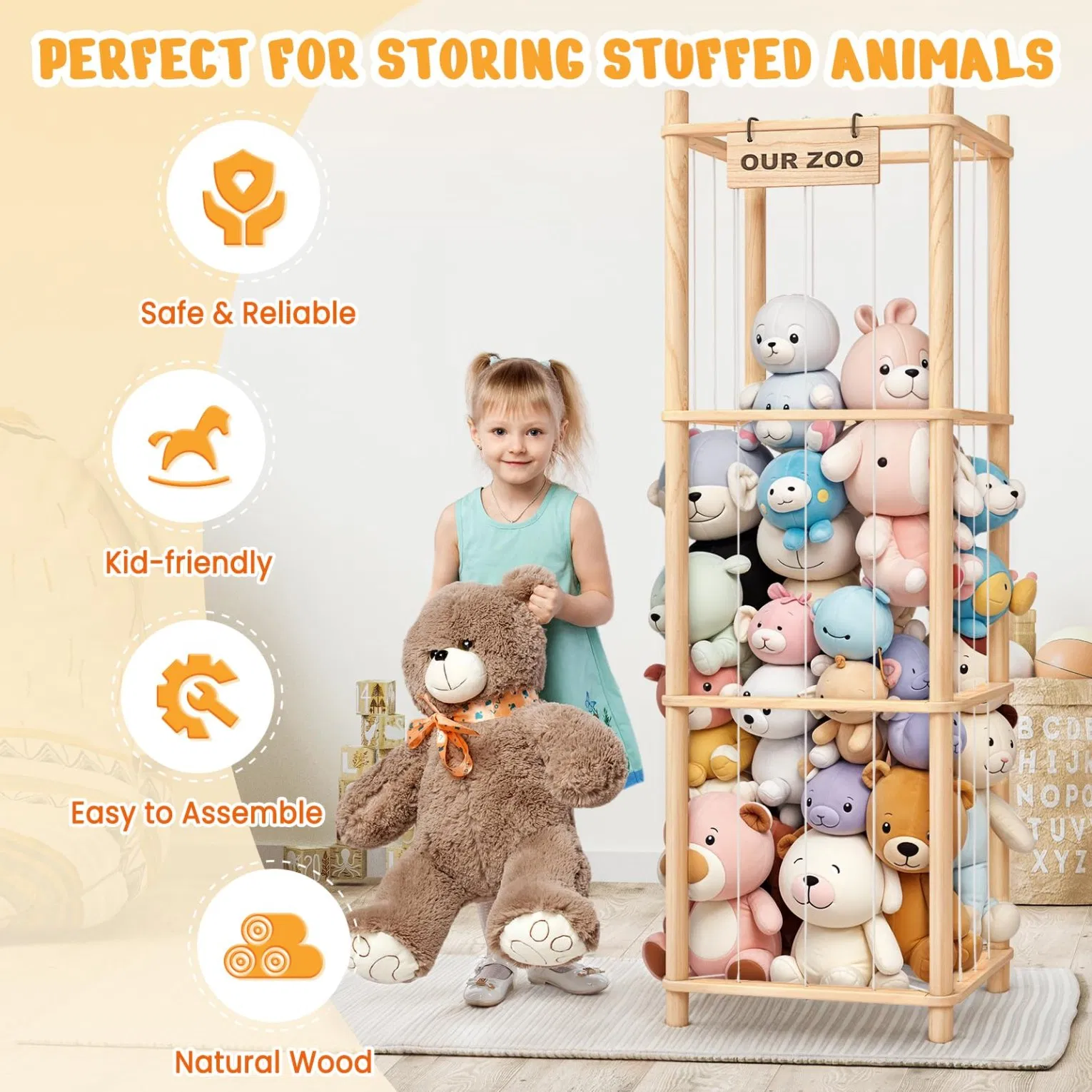 Stuffed Animal Storage &amp; Organizer, Wooden Cute Zoo Toy Holder for Toddler Rooms, Playrooms &amp; Bedrooms
