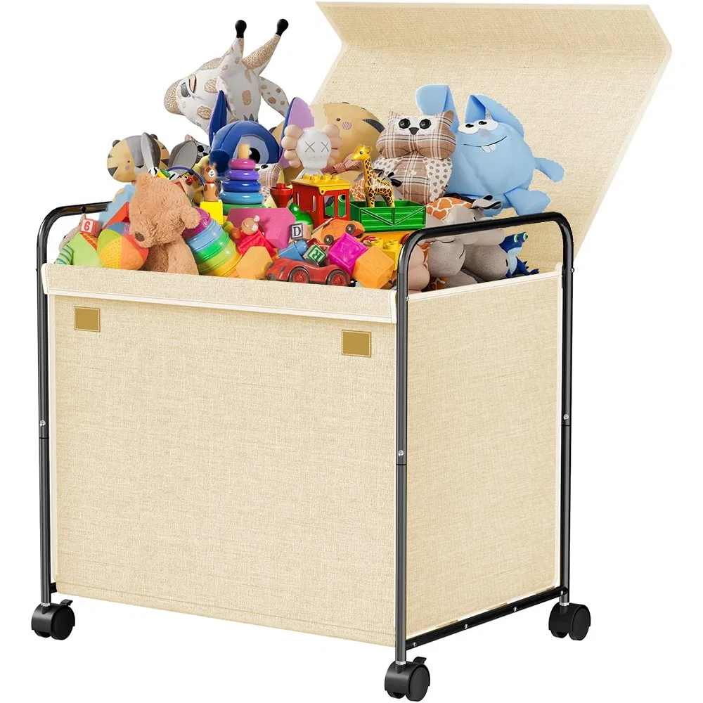 Foldable Metal Rack Large Toy Storage Box Organizer for Bedroom with Wheels