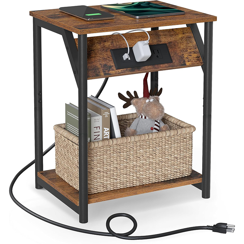 Small Nightstand Sofa Bedside Side End Table with Storage and Charging Station for Living Room