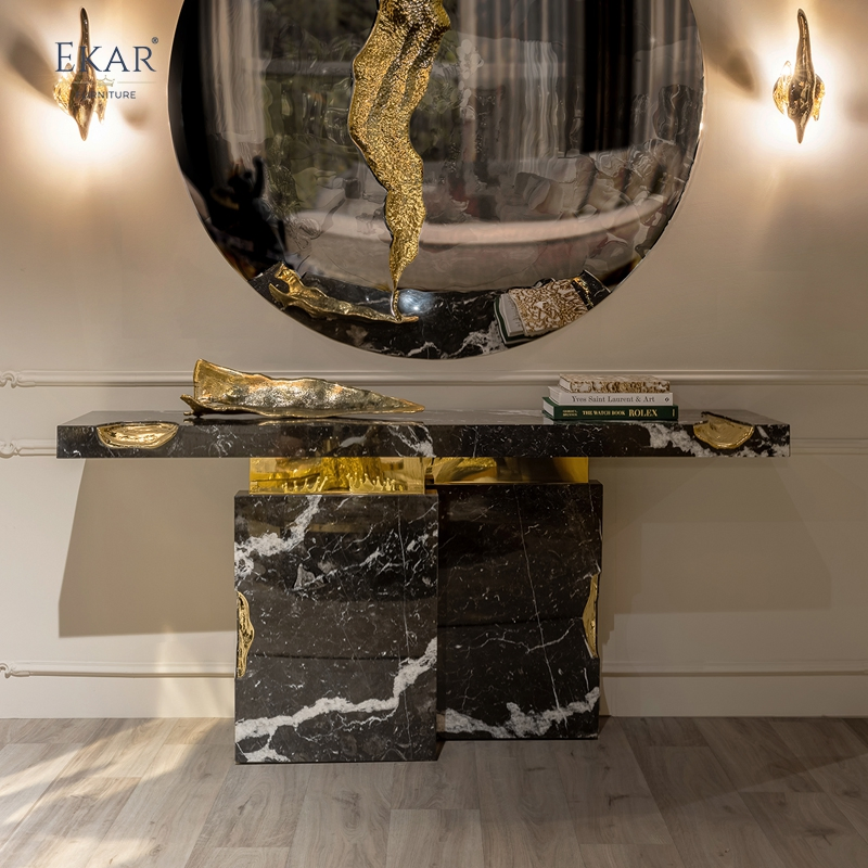 Modern - Style Living Room Console Table: Marble Top with Gold Accents, Dual - Block Base, Elegant &amp; Luxurious Entryway Decor