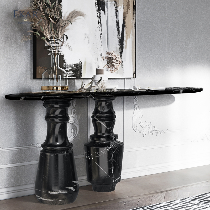 Modern - Style Living Room Console Table: Black Marble Top with Unique Dual Pedestal Base, Elegant Entryway Accent Piece