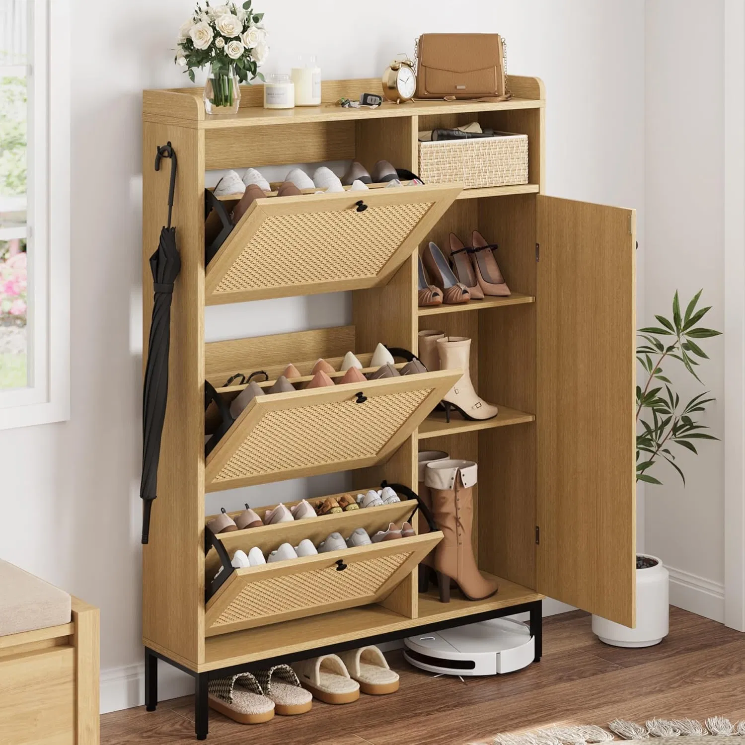 Shoe Cabinet Rattan with 3 Flip Drawer-Freestanding Shoe Organizer with Shelves