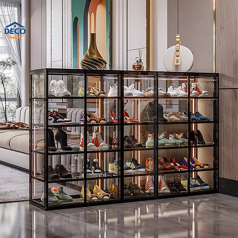 Luxury Glass Living Room Furniture Shoe Rack Entry Door Display Showcase Shoe Cabinet with LED Light