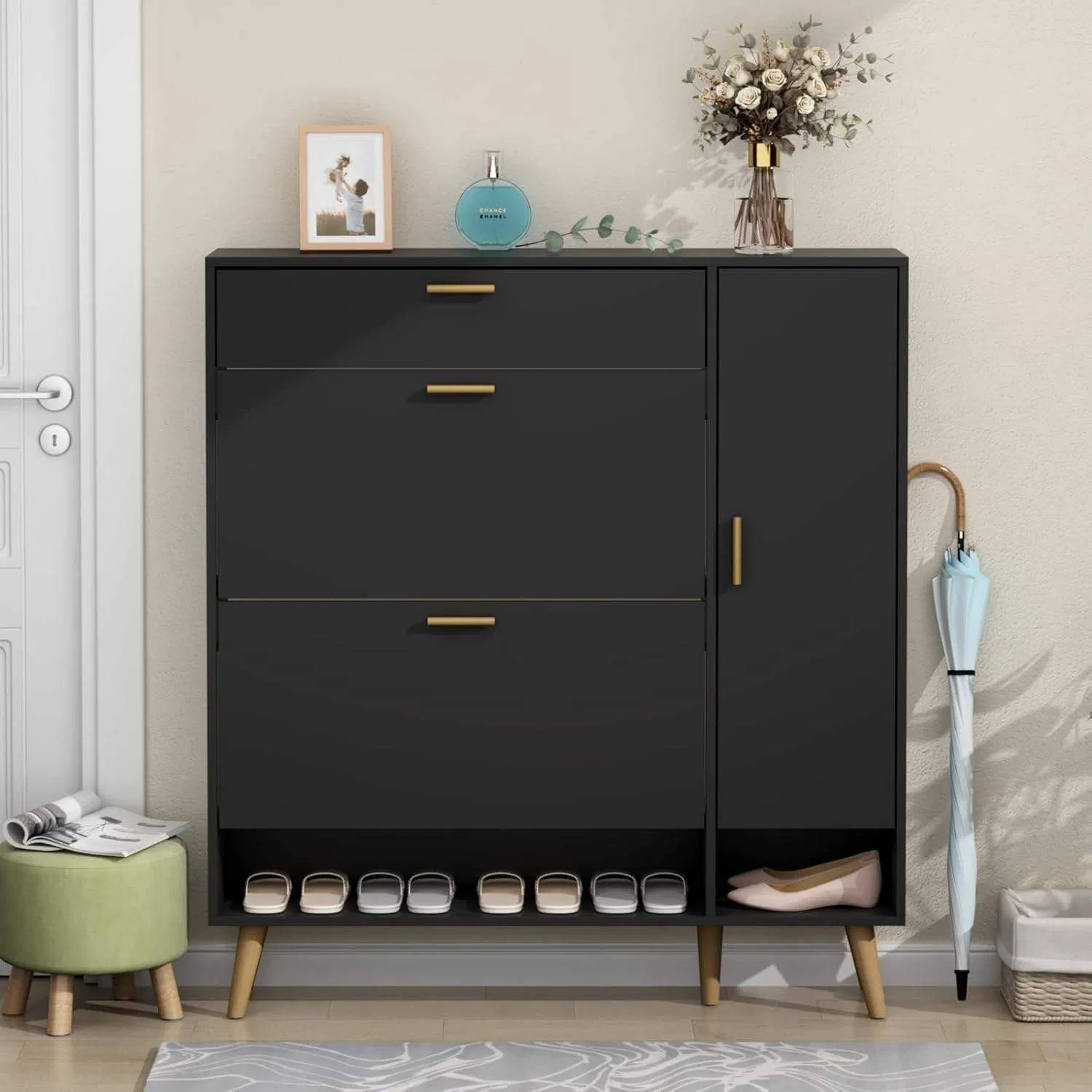 European Modern Shoe Cabinet - Elegant Wooden Shoe Rack with 4 Drawers