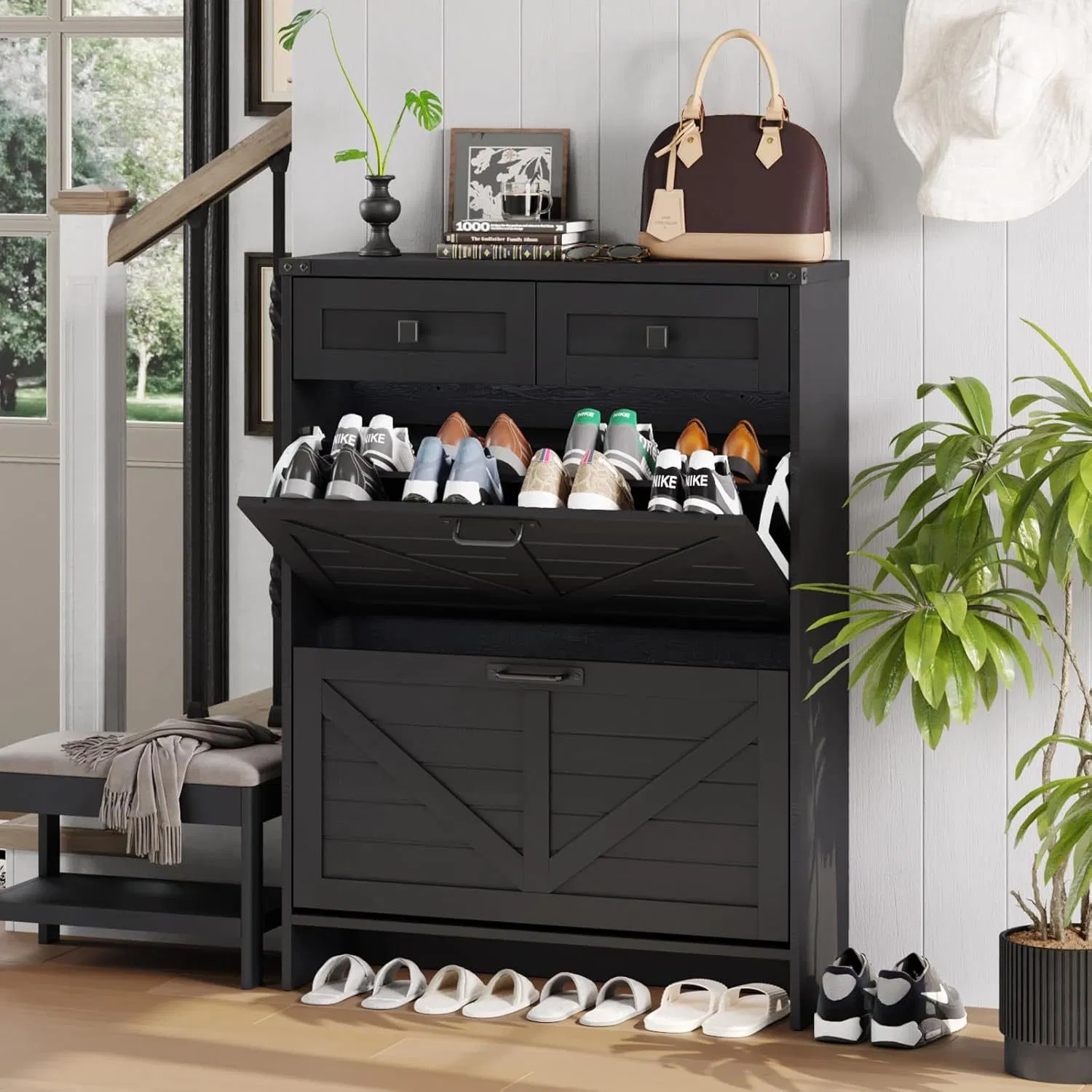 Multi-Layer Shoe Cabinet with Hidden Compartments &amp; Top Drawers, Farmhouse Style Shoe Storage Unit for Entry Hall