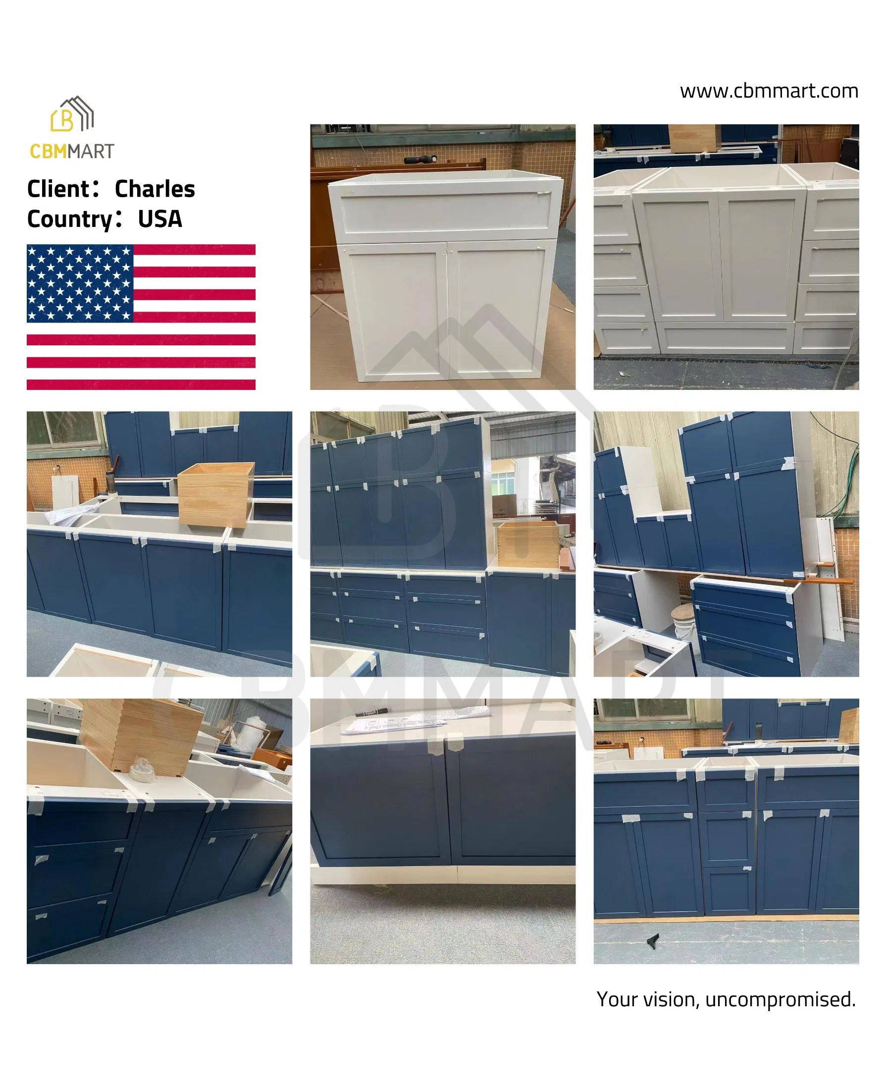 CBMmart Free 3D Navy Blue Lacquer Flat Design Kitchen Cabinets Unit with Island Sink Countertops