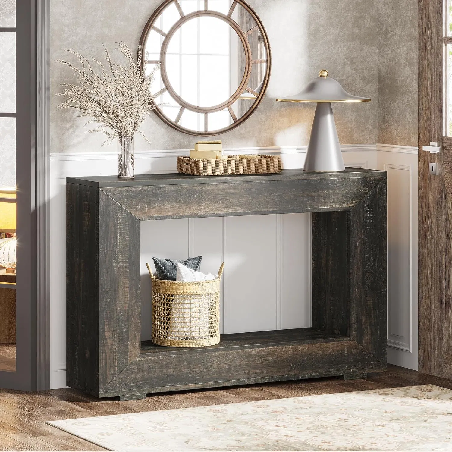 Square Farmhouse Console Table 47 Inches Entryway Console Table with Storage