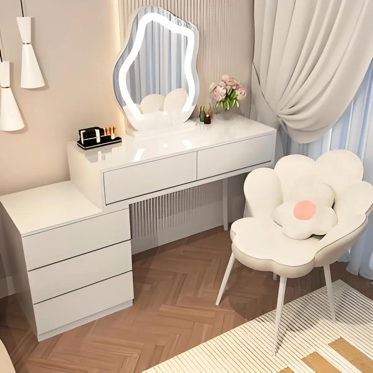 Elegant Modern Bedroom Dressing Table with Mirror Nordic Style Wardrobes with Makeup Adjustable Drawers