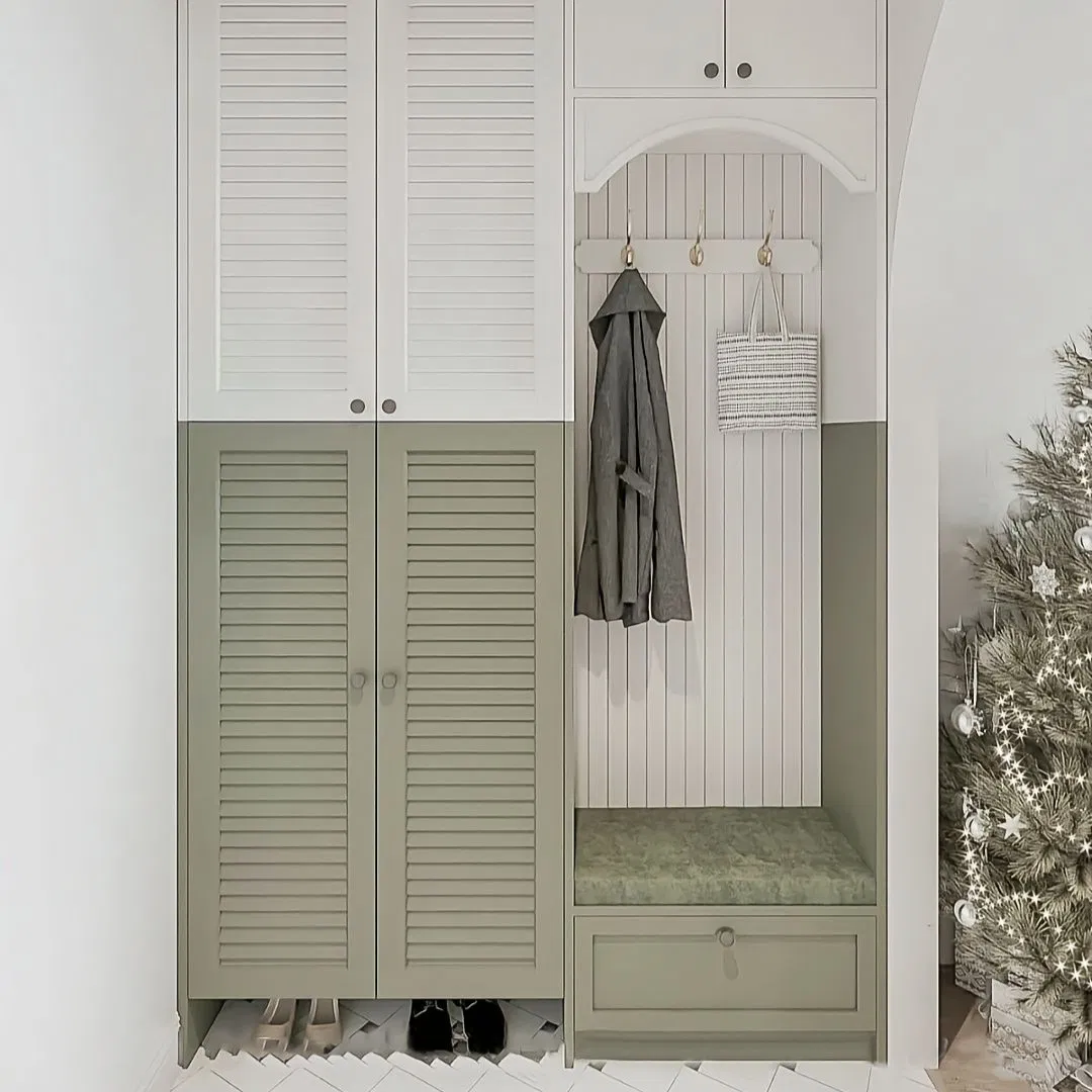 Traditional Style Light Green Louver Cabinet Door Breathable Shoe Cabinet Residential Home Shoe Cabinet Durable Wooden Custom Shoe Cabinet