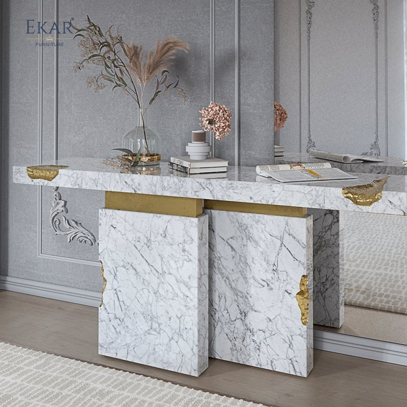 Modern - Style Living Room Console Table: Marble Top with Gold Accents, Dual - Block Base, Elegant &amp; Luxurious Entryway Decor