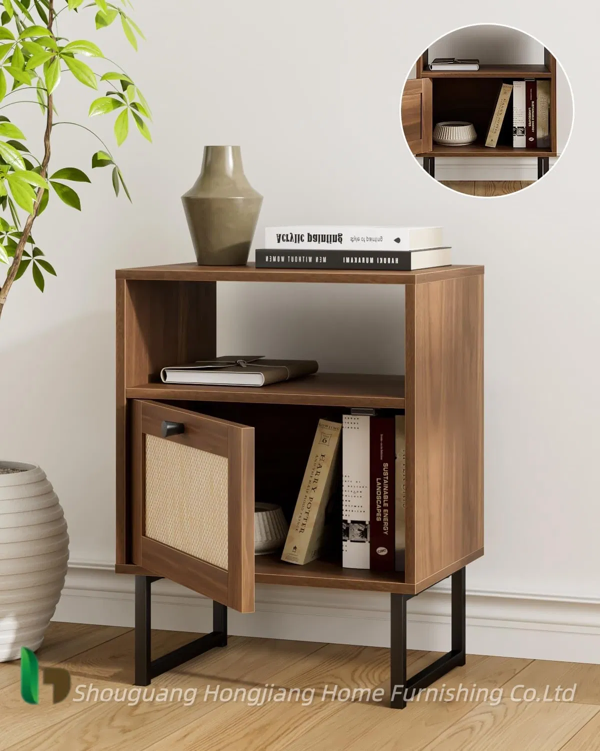 Boho Night Stand Farmhouse Wood Bedside Table with Storage